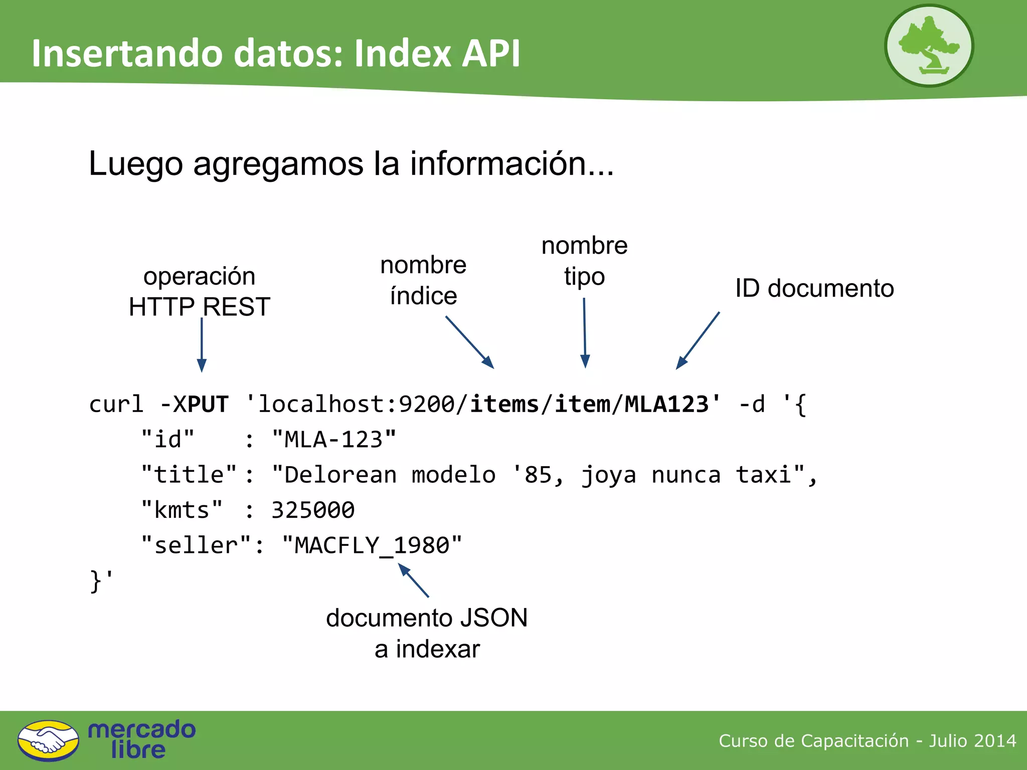 Luego agregamos la información...
curl -XPUT 'localhost:9200/items/item/MLA123' -d '{
"id" : "MLA-123"
"title" : "Delorean modelo '85, joya nunca taxi",
"kmts" : 325000
"seller": "MACFLY_1980"
}'
nombre
tipooperación
HTTP REST
nombre
índice ID documento
documento JSON
a indexar
Curso de Capacitación - Julio 2014
Insertando datos: Index API
 