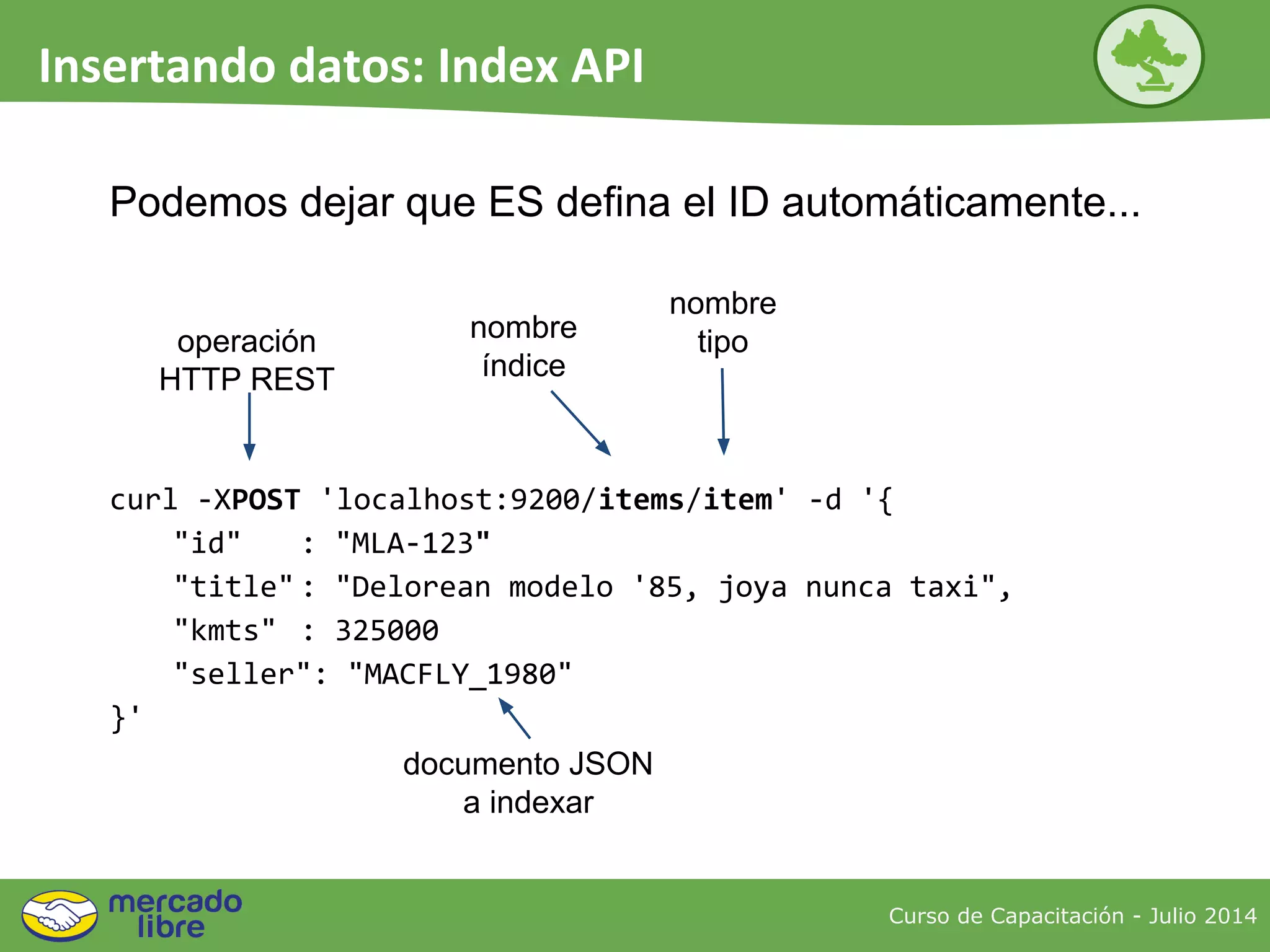 Podemos dejar que ES defina el ID automáticamente...
curl -XPOST 'localhost:9200/items/item' -d '{
"id" : "MLA-123"
"title" : "Delorean modelo '85, joya nunca taxi",
"kmts" : 325000
"seller": "MACFLY_1980"
}'
nombre
tipooperación
HTTP REST
nombre
índice
documento JSON
a indexar
Curso de Capacitación - Julio 2014
Insertando datos: Index API
 