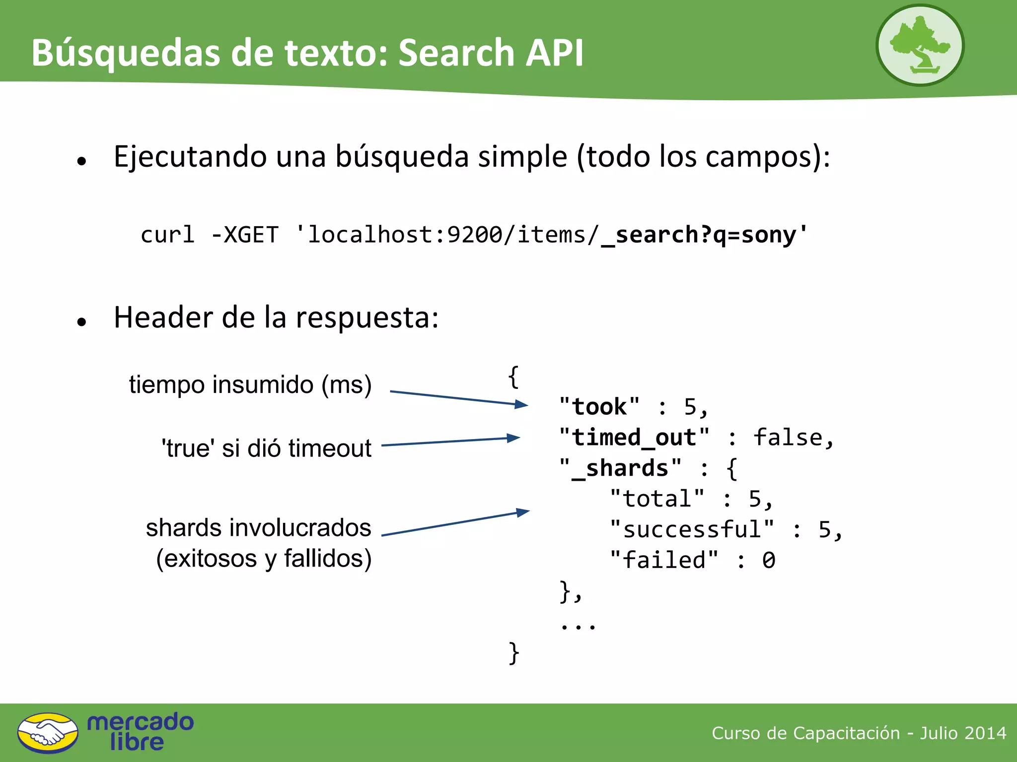 ● Ejecutando una búsqueda simple (todo los campos):
curl -XGET 'localhost:9200/items/_search?q=sony'
{
"took" : 5,
"timed_out" : false,
"_shards" : {
"total" : 5,
"successful" : 5,
"failed" : 0
},
...
}
tiempo insumido (ms)
'true' si dió timeout
shards involucrados
(exitosos y fallidos)
● Header de la respuesta:
Curso de Capacitación - Julio 2014
Búsquedas de texto: Search API
 
