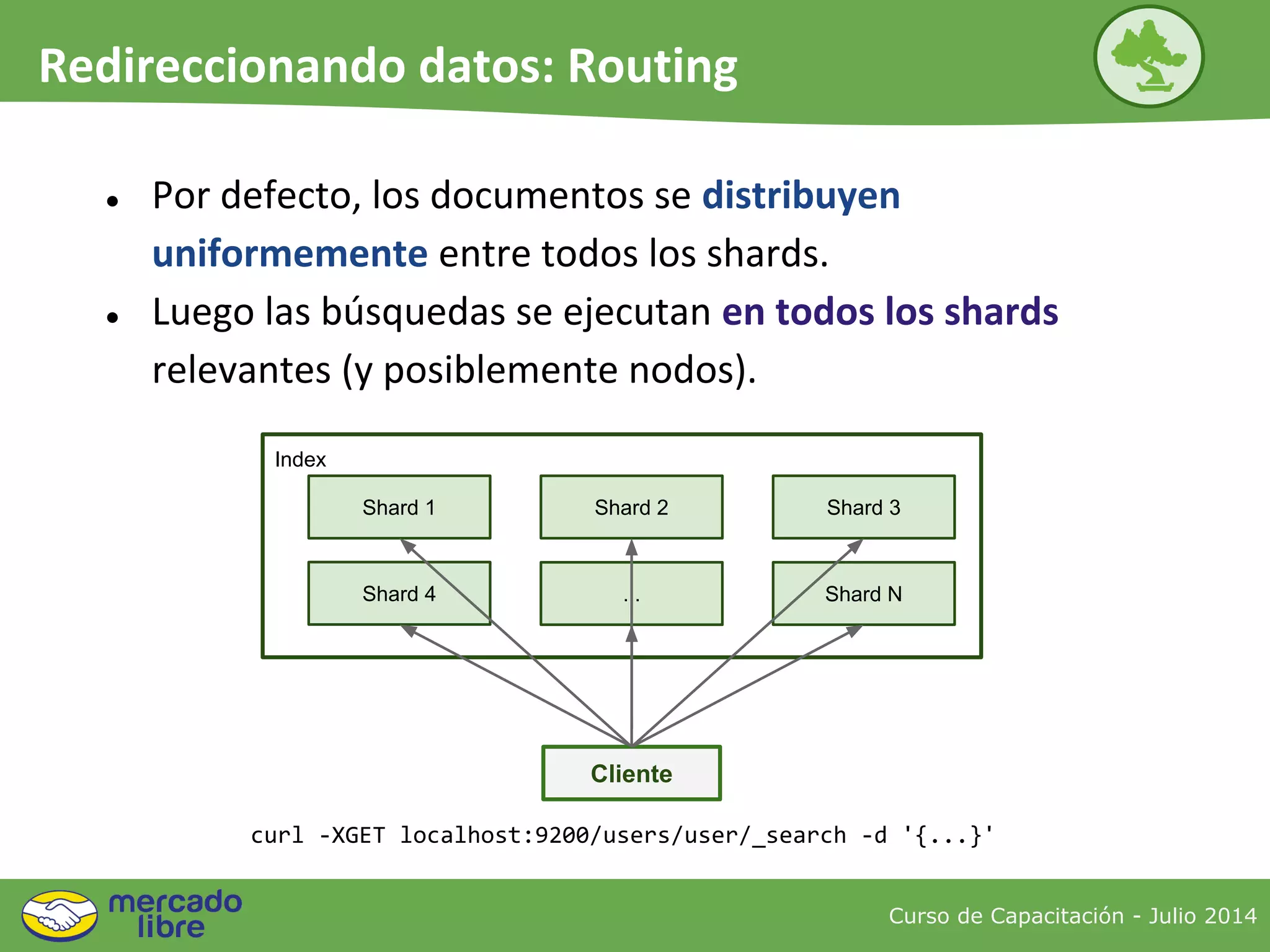 ● Por defecto, los documentos se distribuyen
uniformemente entre todos los shards.
● Luego las búsquedas se ejecutan en todos los shards
relevantes (y posiblemente nodos).
Index
Shard 1 Shard 3
Shard 4 ... Shard N
Shard 2
Cliente
Curso de Capacitación - Julio 2014
Redireccionando datos: Routing
curl -XGET localhost:9200/users/user/_search -d '{...}'
 