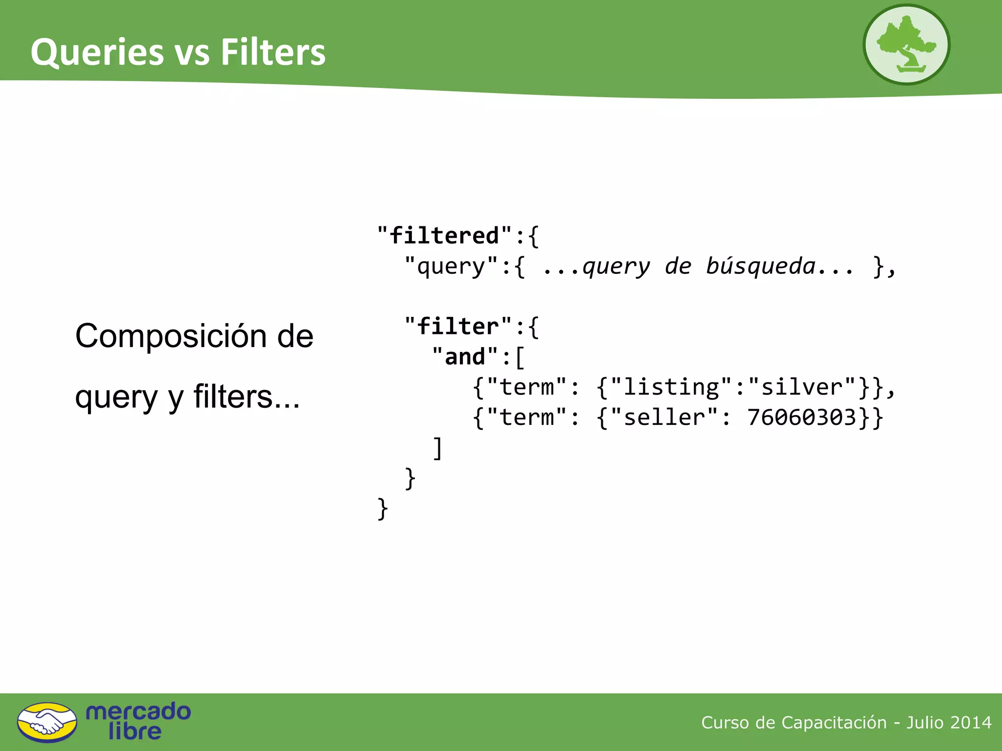 "filtered":{
"query":{ ...query de búsqueda... },
"filter":{
"and":[
{"term": {"listing":"silver"}},
{"term": {"seller": 76060303}}
]
}
}
Composición de
query y filters...
Curso de Capacitación - Julio 2014
Queries vs Filters
 