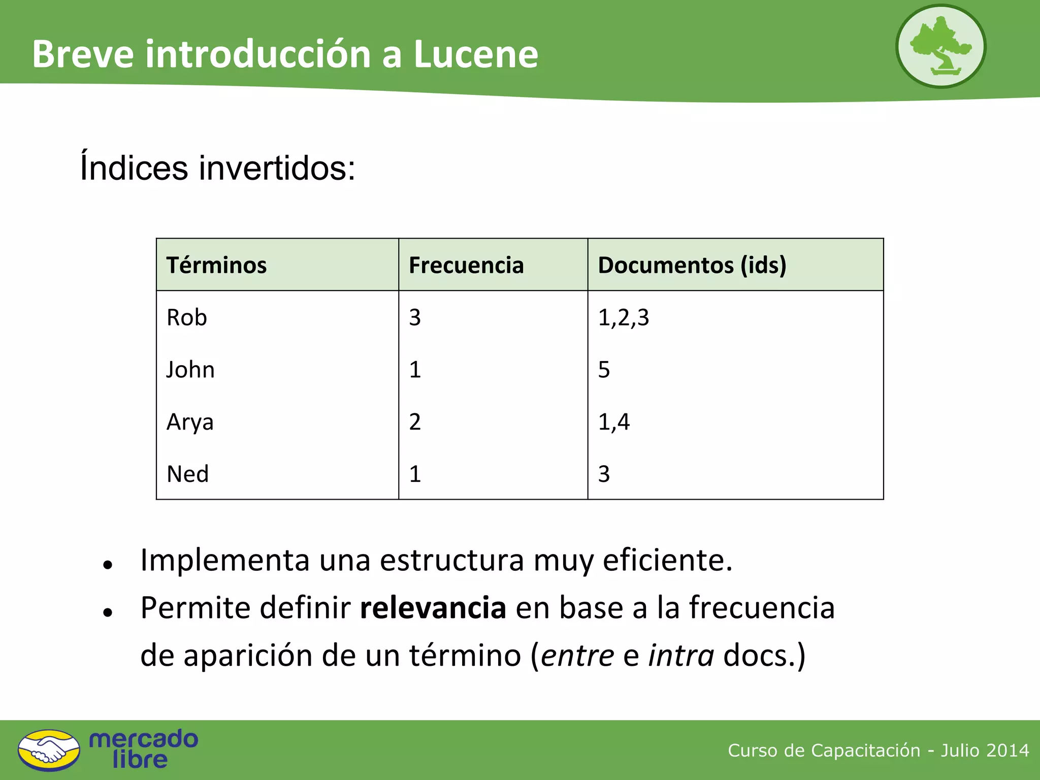 Índices invertidos:
Términos Frecuencia Documentos (ids)
Rob 3 1,2,3
John 1 5
Arya 2 1,4
Ned 1 3
● Implementa una estructura muy eficiente.
● Permite definir relevancia en base a la frecuencia
de aparición de un término (entre e intra docs.)
Curso de Capacitación - Julio 2014
Breve introducción a Lucene
 