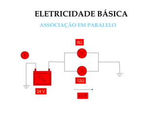ELETRICIDADE BÁSICA
ASSOCIAÇÃO EM PARALELO
1
24 V
8Ω
I = ?
24 V
8Ω8Ω
12Ω
 