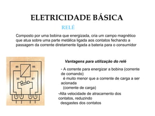 ELETRICIDADE BÁSICA
RELÉ
Composto por uma bobina que energizada, cria um campo magnético
que atua sobre uma parte metálica ligada aos contatos fechando a
passagem da corrente diretamente ligada a bateria para o consumidor
Vantagens para utilização do relé
- A corrente para energizar a bobina (corrente
de comando)
é muito menor que a corrente de carga a ser
acionada
(corrente de carga)
-Alta velocidade de atracamento dos
contatos, reduzindo
desgastes dos contatos
 
