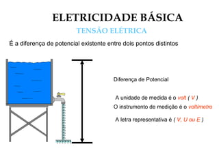 ELETRICIDADE BÁSICA
TENSÃO ELÉTRICA
É a diferença de potencial existente entre dois pontos distintos
Diferença de Potencial
A unidade de medida é o volt ( V )
O instrumento de medição é o voltímetro
A letra representativa é ( V, U ou E )
 