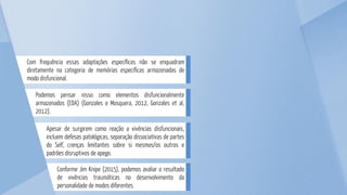 Conforme Jim Knipe (2015), podemos avaliar o resultado
de vivências traumáticas no desenvolvimento da
personalidade de modos diferentes.
Apesar de surgirem como reação a vivências disfuncionais,
incluem defesas patológicas, separação dissociativas de partes
do Self, crenças limitantes sobre si mesmos/os outros e
padrões disruptivos de apego.
Podemos pensar nisso como elementos disfuncionalmente
armazenados (EDA) (Gonzales e Mosquera, 2012, Gonzales et al,
2012).
Com frequência essas adaptações específicas não se enquadram
diretamente na categoria de memórias específicas armazenadas de
modo disfuncional.
 