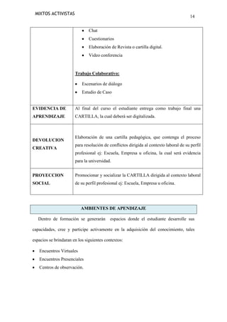 MIXTOS ACTIVISTAS

14
Chat
Cuestionarios
Elaboración de Revista o cartilla digital.
Video conferencia

Trabajo Colaborativo:
Escenarios de diálogo
Estudio de Caso

EVIDENCIA DE

Al final del curso el estudiante entrega como trabajo final una

APRENDIZAJE

CARTILLA, la cual deberá ser digitalizada.

DEVOLUCION
CREATIVA

Elaboración de una cartilla pedagógica, que contenga el proceso
para resolución de conflictos dirigida al contexto laboral de su perfil
profesional ej: Escuela, Empresa u oficina, la cual será evidencia
para la universidad.

PROYECCION

Promocionar y socializar la CARTILLA dirigida al contexto laboral

SOCIAL

de su perfil profesional ej: Escuela, Empresa u oficina.

AMBIENTES DE APENDIZAJE
Dentro de formación se generarán

espacios donde el estudiante desarrolle sus

capacidades, cree y participe activamente en la adquisición del conocimiento, tales
espacios se brindaran en los siguientes contextos:
Encuentros Virtuales
Encuentros Presenciales
Centros de observación.

 