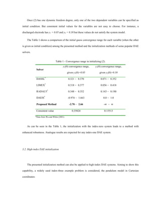 Once (2) has one dynamic freedom degree, only one of the two dependent variables can be specified as
initial condition. But consistent initial values for the variables are not easy to choose. For instance, a
discharged electrode has y1 = 0.05 and y2 = 0.38 but these values do not satisfy the system model.
The Table 1 shows a comparison of the initial guess convergence range for each variable (when the other
is given as initial condition) among the presented method and the initialization methods of some popular DAE
solvers.
Table 1 - Convergence range in initializing (2).
Solver
y2(0) convergence range,
given y1(0)=0.05
y1(0) convergence range,
given y2(0)=0.38
DASSL*
0.321 - 0.370 0.071 - 0.352
LIMEX*
0.318 - 0.377 0.056 - 0.418
RADAU5*
0.348 - 0.352 0.143 - 0.190
DAEIS*
-0.974 - 1.663 0.0 - 1.0
Proposed Method -2.70 - 2.66 -¥ - ¥
Consistent value 0.35024 0.15513
*Data from Wu and White (2001).
As can be seen in the Table 1, the initialization with the index-zero system leads to a method with
enhanced robustness. Analogue results are expected for any index-one DAE system.
3.2. High-index DAE initialization
The presented initialization method can also be applied to high-index DAE systems. Aiming to show this
capability, a widely used index-three example problem is considered, the pendulum model in Cartesian
coordinates:
 