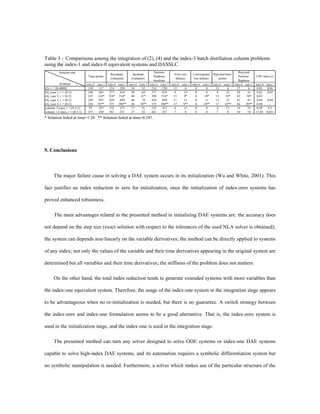 Table 3 – Comparisons among the integration of (2), (4) and the index-3 batch distillation column problems
using the index-1 and index-0 equivalent systems and DASSLC.
index-0 index-1 index-0 index-1 index-0 index-1 index-0 index-1 index-0 index-1 index-0 index-1 index-0 index-1 index-0 index-1 index-0 index-1
(2), t = [0-4000] 118 117 214 230 34 32 214 230 13 6 0 0 13 6 17 6 0.03 0.01
(4), case 1, t = [0-2] 246 482 377 818 28 64 377 818 4 23 0 0 4 23 29 41 0.03 0.03
(4), case 2, t = [0-2] 247 324* 324* 516* 40 41* 390 516* 15 9* 0 10* 15 19* 42 30* 0.05 -
(4), case 3, t = [0-2] 249 507 429 899 46 74 429 899 11 21 0 0 11 21 41 43 0.04 0.04
(4), case 4, t = [0-2] 226 95** 373 190** 36 30** 373 190** 17 9** 0 10** 17 19** 46 20** 0.04 -
column, 3 trays, t = [0-2.1] 97 107 152 212 17 31 152 212 4 11 0 0 4 11 14 33 0.49 0.1
column, 12 trays, t = [0-2.1] 257 149 361 231 27 22 261 231 7 8 0 0 7 8 10 18 13.85 0.651
Solution stat.
Problem
Error test
failures
Convergence
test failures
Rejected time-
points
CPU time (s)
Rejected
Newton-
Raphson
Time-points
Residuals
evaluation
Jacobian
evaluation
Newton-
Raphson
iterations
* Solution failed at time=1.28. ** Solution failed at time=0.347.
5. Conclusions
The major failure cause in solving a DAE system occurs in its initialization (Wu and White, 2001). This
fact justifies an index reduction to zero for initialization, once the initialization of index-zero systems has
proved enhanced robustness.
The main advantages related to the presented method in initializing DAE systems are: the accuracy does
not depend on the step size (exact solution with respect to the tolerances of the used NLA solver is obtained);
the system can depends non-linearly on the variable derivatives; the method can be directly applied to systems
of any index; not only the values of the variable and their time derivatives appearing in the original system are
determined but all variables and their time derivatives; the stiffness of the problem does not matters.
On the other hand, the total index reduction tends to generate extended systems with more variables than
the index-one equivalent system. Therefore, the usage of the index-one system in the integration stage appears
to be advantageous when no re-initialization is needed, but there is no guarantee. A switch strategy between
the index-zero and index-one formulation seems to be a good alternative. That is, the index-zero system is
used in the initialization stage, and the index-one is used in the integration stage.
The presented method can turn any solver designed to solve ODE systems or index-one DAE systems
capable to solve high-index DAE systems, and its automation requires a symbolic differentiation system but
no symbolic manipulation is needed. Furthermore, a solver which makes use of the particular structure of the
 
