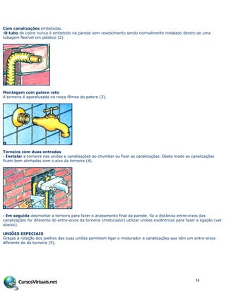 Com canalizações embebidas.
·O tubo de cobre nunca é embebido na parede sem revestimento sendo normalmente instalado dentro de uma
tubagem flexível em plástico (2).
Montagem com patere reto
A torneira é aparafusada na rosca fêmea do patere (3).
Torneira com duas entradas
· Instalar a torneira nas uniões e canalizações ao chumbar ou fixar as canalizações. Deste modo as canalizações
ficam bem alinhadas com o eixo da torneira (4).
· Em seguida desmontar a torneira para fazer o acabamento final da parede. Se a distância entre-eixos das
canalizações for diferente do entre-eixos da torneira (misturador) utilizar uniões excêntricas para fazer a ligação (ver
abaixo).
UNIÕES ESPECIAIS
Graças à rotação dos joelhos das suas uniões permitem ligar o misturador a canalizações que têm um entre-eixos
diferente do da torneira (5).
14
 