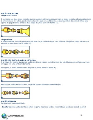 UNIÃO POR BICONE
· Ligar uma torneira
É composto por duas peças roscadas que se apertam sobre uma peça central. As peças roscadas são colocadas junto
à extremidades dos tubos, sendo interposta entre elas um anel bicónico. A estanquicidade da união é obtida pelo
aperto da peça bicónica entre as duas peças da união com um chanfro (4).
· Ligar tubos
A estanquicidade é obtida pelo aperto das duas peças roscadas sobre uma união de redução ou união roscada que
esmaga os bicones contra os tubos (5).
UNIÃO COM JUNTA E ANILHA METÁLICA
O princípio é o mesmo que para a união com bicone mas os anéis bicónicos são substituídos por anilhas encurvada
em aço e por uma junta em borracha.
Por aperto, a anilha endireita-se e aloja-se no fundo plano da porca (6)
Este tipo de união permite fazer a junção de tubos e diâmetros diferentes (7).
UNIÃO ROSCADA
Para garantir a estanquicidade:
· Enrolar algumas voltas de fita de teflon na parte macho da união e no sentido do aperto da rosca.É possível
16
 