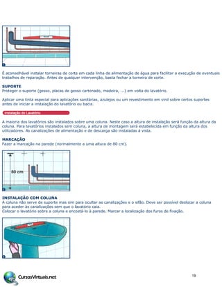 É aconselhável instalar torneiras de corte em cada linha de alimentação de água para facilitar a execução de eventuais
trabalhos de reparação. Antes de qualquer intervenção, basta fechar a torneira de corte.
SUPORTE
Proteger o suporte (gesso, placas de gesso cartonado, madeira, ...) em volta do lavatório.
Aplicar uma tinta especial para aplicações sanitárias, azulejos ou um revestimento em vinil sobre certos suportes
antes de iniciar a instalação do lavatório ou bacia.
A maioria dos lavatórios são instalados sobre uma coluna. Neste caso a altura de instalação será função da altura da
coluna. Para lavatórios instalados sem coluna, a altura de montagem será estabelecida em função da altura dos
utilizadores. As canalizações de alimentação e de descarga são instaladas à vista.
MARCAÇÃO
Fazer a marcação na parede (normalmente a uma altura de 80 cm).
INSTALAÇÃO COM COLUNA
A coluna não serve de suporte mas sim para ocultar as canalizações e o sifão. Deve ser possível deslocar a coluna
para aceder às canalizações sem que o lavatório caia.
Colocar o lavatório sobre a coluna e encostá-lo à parede. Marcar a localização dos furos de fixação.
19
 