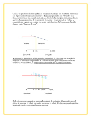 Cuando un generador síncrono ya ha sido conectado en paralelo con el sistema, cumpliendo
con el procedimiento de sincronización. Se dice que el generador está “flotando” en la
línea, suministrando una pequeña cantidad de potencia real y muy poca o ninguna potencia
reactiva. Sus características de potencia real-frecuencia y potencia reactiva –voltaje se
pueden dibujar espalda con espalda, con un eje vertical común. Tal esquema, es llamado
algunas veces “diagrama de casa”.




                          F



               Sistema                 Generador



                  -P          0   PG                  P (KW)

              Consumida                        Entregada

Al aumentar la potencia del motor primario, aumentando su velocidad, con el objeto de
desplazar la frecuencia del generador en vacío hacia arriba, pero como la frecuencia del
sistema no puede cambiar, la potencia real suministrada por el generador aumenta.




                          F




                  -P          0   P1 P2 Pnom        P (KW)

              Consumida                        Entregada



De la misma manera, cuando se aumenta la corriente de excitación del generador, con el
objeto de aumentar el voltaje entregado, pero como el voltaje del sistema no puede cambiar,
la potencia reactiva entregada al sistema aumenta.
 