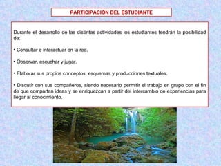 PARTICIPACIÓN DEL ESTUDIANTE MMMMMMMMMMMMMMMMM Durante el desarrollo de las distintas actividades los estudiantes tendrán la posibilidad de: Consultar e interactuar en la red. Observar, escuchar y jugar. Elaborar sus propios conceptos, esquemas y producciones textuales. Discutir con sus compañeros, siendo necesario permitir el trabajo en grupo con el fin de que compartan ideas y se enriquezcan a partir del intercambio de experiencias para llegar al conocimiento. 