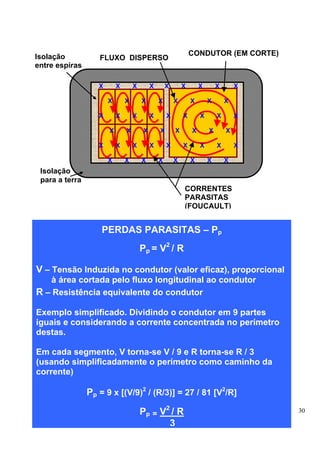 Isolação                                                       CONDUTOR (EM CORTE)
                   FLUXO DISPERSO
entre espiras

                   X       X       X       X       X       X       X       X       X

                       X       X       X       X       X       X       X       X

                   X       X       X       X       X       X       X       X       X

                       X       X       X       X       X       X       X       X

                   X       X       X       X       X       X       X       X       X

                       X       X       X       X       X       X       X       X
 Isolação
 para a terra
                                                           CORRENTES
                                                           PARASITAS
                                                           (FOUCAULT)


                    PERDAS PARASITAS – Pp
                                       Pp = V2 / R

V – Tensão Induzida no condutor (valor eficaz), proporcional
   à área cortada pelo fluxo longitudinal ao condutor
R – Resistência equivalente do condutor

Exemplo simplificado. Dividindo o condutor em 9 partes
iguais e considerando a corrente concentrada no perímetro
destas.

Em cada segmento, V torna-se V / 9 e R torna-se R / 3
(usando simplificadamente o perímetro como caminho da
corrente)

                Pp = 9 x [(V/9)2 / (R/3)] = 27 / 81 [V2/R]
                                       Pp = V2 / R                                     30

                                              3
 