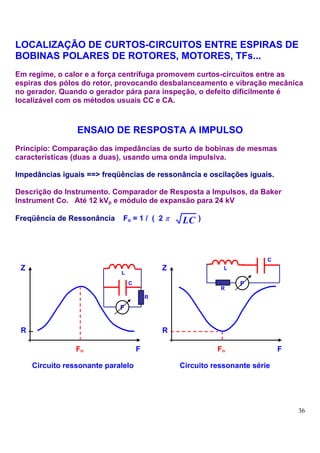 LOCALIZAÇÃO DE CURTOS-CIRCUITOS ENTRE ESPIRAS DE
BOBINAS POLARES DE ROTORES, MOTORES, TFs...
Em regime, o calor e a força centrífuga promovem curtos-circuitos entre as
espiras dos pólos do rotor, provocando desbalanceamento e vibração mecânica
no gerador. Quando o gerador pára para inspeção, o defeito dificilmente é
localizável com os métodos usuais CC e CA.



                 ENSAIO DE RESPOSTA A IMPULSO
Princípio: Comparação das impedâncias de surto de bobinas de mesmas
características (duas a duas), usando uma onda impulsiva.

Impedâncias iguais ==> freqüências de ressonância e oscilações iguais.

Descrição do Instrumento. Comparador de Resposta a Impulsos, da Baker
Instrument Co. Até 12 kVp e módulo de expansão para 24 kV

Freqüência de Ressonância     Fo = 1 / ( 2 π     LC   )




                                                                         C
 Z                                           Z               L
                             L
                                 C                               F
                                                            R
                                         R
                             F


 R                                           R

                 Fo                  F                     Fo                F

     Circuito ressonante paralelo                Circuito ressonante série




                                                                                 36
 