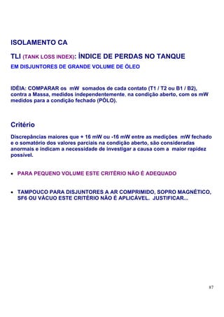 ISOLAMENTO CA

TLI (TANK LOSS INDEX): ÍNDICE DE PERDAS NO TANQUE
EM DISJUNTORES DE GRANDE VOLUME DE ÓLEO



IDÉIA: COMPARAR os mW somados de cada contato (T1 / T2 ou B1 / B2),
contra a Massa, medidos independentemente, na condição aberto, com os mW
medidos para a condição fechado (PÓLO).



Critério
Discrepâncias maiores que + 16 mW ou -16 mW entre as medições mW fechado
e o somatório dos valores parciais na condição aberto, são consideradas
anormais e indicam a necessidade de investigar a causa com a maior rapidez
possível.


• PARA PEQUENO VOLUME ESTE CRITÉRIO NÃO É ADEQUADO


• TAMPOUCO PARA DISJUNTORES A AR COMPRIMIDO, SOPRO MAGNÉTICO,
  SF6 OU VÁCUO ESTE CRITÉRIO NÃO É APLICÁVEL. JUSTIFICAR...




                                                                           87
 