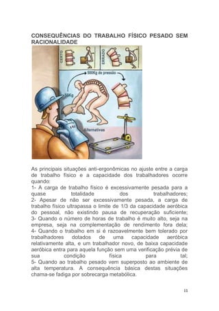 CONSEQUÊNCIAS DO TRABALHO FÍSICO PESADO SEM 
RACIONALIDADE 
As principais situações anti-ergonômicas no ajuste entre a carga 
de trabalho físico e a capacidade dos trabalhadores ocorre 
quando: 
1- A carga de trabalho físico é excessivamente pesada para a 
quase totalidade dos trabalhadores; 
2- Apesar de não ser excessivamente pesada, a carga de 
trabalho físico ultrapassa o limite de 1/3 da capacidade aeróbica 
do pessoal, não existindo pausa de recuperação suficiente; 
3- Quando o número de horas de trabalho é muito alto, seja na 
empresa, seja na complementação de rendimento fora dela; 
4- Quando o trabalho em si é razoavelmente bem tolerado por 
trabalhadores dotados de uma capacidade aeróbica 
relativamente alta, e um trabalhador novo, de baixa capacidade 
aeróbica entra para aquela função sem uma verificação prévia de 
sua condição física para tal; 
5- Quando ao trabalho pesado vem superposto ao ambiente de 
alta temperatura. A consequência básica destas situações 
chama-se fadiga por sobrecarga metabólica. 
11 
 