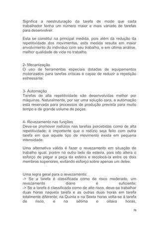 Significa a reestruturação da tarefa de modo que cada 
trabalhador tenha um número maior e mais variado de tarefas 
para desenvolver. 
Esta se constitui na principal medida, pois além da redução da 
repetitividade dos movimentos, esta medida resulta em maior 
envolvimento do indivíduo com seu trabalho, e em última análise, 
melhor qualidade de vida no trabalho. 
2- Mecanização 
O uso de ferramentas especiais dotadas de equipamentos 
motorizados para tarefas críticas é capaz de reduzir a repetição 
estressante. 
3- Automação 
Tarefas de alta repetitividade são desenvolvidas melhor por 
máquinas. Naturalmente, por ser uma solução cara, a automação 
está reservada para processos de produção prevista para muito 
tempo e de grande volume de peças. 
4- Revezamento nas funções 
Deve-se promover rodízios nas tarefas percebidas como de alta 
repetitividade; é importante que o rodízio seja feito com outra 
tarefa em que aquele tipo de movimento exista em pequena 
intensidade. 
Uma alternativa válida é fazer o revezamento em situação de 
trabalho igual, porém no outro lado da esteira, pois isto altera o 
esforço de pegar a peça da esteira e recolocá-la entre os dois 
membros superiores, evitando esforço sobre apenas um deles. 
Uma regra geral para o revezamento: 
-> Se a tarefa é classificada como de risco moderado, um 
revezamento diário é suficiente; 
-> Se a tarefa é classificada como de alto risco, deve-se trabalhar 
duas horas naquela tarefa e as outras duas horas em tarefa 
totalmente diferente; na Quinta e na Sexta horas volta-se à tarefa 
de risco, e na sétima e oitava horas, 
76 
 
