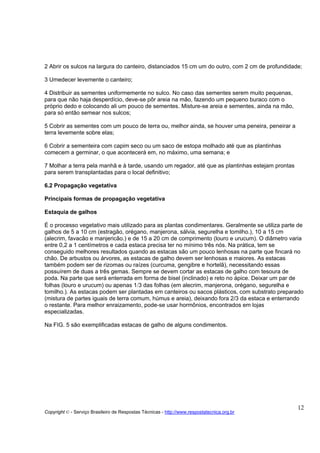 2 Abrir os sulcos na largura do canteiro, distanciados 15 cm um do outro, com 2 cm de profundidade;

3 Umedecer levemente o canteiro;

4 Distribuir as sementes uniformemente no sulco. No caso das sementes serem muito pequenas,
para que não haja desperdício, deve-se pôr areia na mão, fazendo um pequeno buraco com o
próprio dedo e colocando ali um pouco de sementes. Misture-se areia e sementes, ainda na mão,
para só então semear nos sulcos;

5 Cobrir as sementes com um pouco de terra ou, melhor ainda, se houver uma peneira, peneirar a
terra levemente sobre elas;

6 Cobrir a sementeira com capim seco ou um saco de estopa molhado até que as plantinhas
comecem a germinar, o que acontecerá em, no máximo, uma semana; e

7 Molhar a terra pela manhã e à tarde, usando um regador, até que as plantinhas estejam prontas
para serem transplantadas para o local definitivo;

6.2 Propagação vegetativa

Principais formas de propagação vegetativa

Estaquia de galhos

É o processo vegetativo mais utilizado para as plantas condimentares. Geralmente se utiliza parte de
galhos de 5 a 10 cm (estragão, orégano, manjerona, sálvia, segurelha e tomilho.), 10 a 15 cm
(alecrim, favacão e manjericão.) e de 15 a 20 cm de comprimento (louro e urucum). O diâmetro varia
entre 0,2 a 1 centímetros e cada estaca precisa ter no mínimo três nós. Na prática, tem se
conseguido melhores resultados quando as estacas são um pouco lenhosas na parte que fincará no
chão. De arbustos ou árvores, as estacas de galho devem ser lenhosas e maiores. As estacas
também podem ser de rizomas ou raízes (curcuma, gengibre e hortelã), necessitando essas
possuírem de duas a três gemas. Sempre se devem cortar as estacas de galho com tesoura de
poda. Na parte que será enterrada em forma de bisel (inclinado) e reto no ápice. Deixar um par de
folhas (louro e urucum) ou apenas 1/3 das folhas (em alecrim, manjerona, orégano, segurelha e
tomilho.). As estacas podem ser plantadas em canteiros ou sacos plásticos, com substrato preparado
(mistura de partes iguais de terra comum, húmus e areia), deixando fora 2/3 da estaca e enterrando
o restante. Para melhor enraizamento, pode-se usar hormônios, encontrados em lojas
especializadas.

Na FIG. 5 são exemplificadas estacas de galho de alguns condimentos.




                                                                                                  12
Copyright © - Serviço Brasileiro de Respostas Técnicas - http://www.respostatecnica.org.br
 