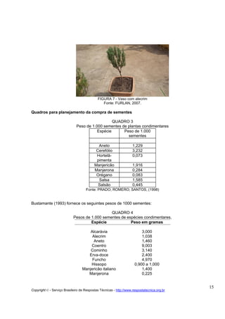 FIGURA 7 - Vaso com alecrim
                                               Fonte: FURLAN, 2007.

Quadros para planejamento da compra de sementes

                                                 QUADRO 3
                              Peso de 1.000 sementes de plantas condimentares
                                         Espécie      Peso de 1.000
                                                        sementes

                                            Aneto                   1,229
                                           Cerefólio                3,232
                                           Hortelã-                 0,073
                                           pimenta
                                          Manjericão                1,916
                                          Manjerona                 0,284
                                           Orégano                  0,083
                                            Salsa                   1,585
                                            Salsão                  0,445
                                    Fonte: PRADO; ROMERO; SANTOS, (1998)


Bustamante (1993) fornece os seguintes pesos de 1000 sementes:

                                               QUADRO 4
                            Pesos de 1.000 sementes de espécies condimentares,
                                     Espécie             Peso em gramas

                                      Alcarávia                          3,000
                                       Alecrim                           1,038
                                        Aneto                            1,460
                                      Coentro                            9,003
                                      Cominho                            3,140
                                     Erva-doce                           2,400
                                       Funcho                            4,970
                                      Hissopo                        0,900 a 1,000
                                  Manjericão italiano                    1,400
                                     Manjerona                           0,225


                                                                                             15
Copyright © - Serviço Brasileiro de Respostas Técnicas - http://www.respostatecnica.org.br
 