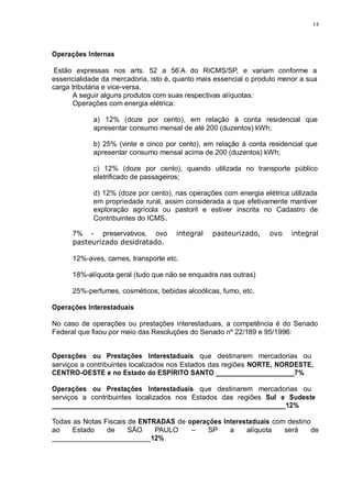 14 
Operações Internas 
Estão expressas nos arts. 52 a 56-A do RICMS/SP, e variam conforme a 
essencialidade da mercadoria, isto é, quanto mais essencial o produto menor a sua 
carga tributária e vice-versa. 
A seguir alguns produtos com suas respectivas alíquotas: 
Operações com energia elétrica: 
a) 12% (doze por cento), em relação à conta residencial que 
apresentar consumo mensal de até 200 (duzentos) kWh; 
b) 25% (vinte e cinco por cento), em relação à conta residencial que 
apresentar consumo mensal acima de 200 (duzentos) kWh; 
c) 12% (doze por cento), quando utilizada no transporte público 
eletrificado de passageiros; 
d) 12% (doze por cento), nas operações com energia elétrica utilizada 
em propriedade rural, assim considerada a que efetivamente mantiver 
exploração agrícola ou pastoril e estiver inscrita no Cadastro de 
Contribuintes do ICMS. 
7% - preservativos, ovo integral pasteurizado, ovo integral 
pasteurizado desidratado. 
12%-aves, carnes, transporte etc. 
18%-alíquota geral (tudo que não se enquadra nas outras) 
25%-perfumes, cosméticos, bebidas alcoólicas, fumo, etc. 
Operações Interestaduais 
No caso de operações ou prestações interestaduais, a competência é do Senado 
Federal que fixou por meio das Resoluções do Senado nº 22/189 e 95/1996: 
Operações ou Prestações Interestaduais que destinarem mercadorias ou 
serviços a contribuintes localizados nos Estados das regiões NORTE, NORDESTE, 
CENTRO-OESTE e no Estado do ESPÍRITO SANTO _____________________7% 
Operações ou Prestações Interestaduais que destinarem mercadorias ou 
serviços a contribuintes localizados nos Estados das regiões Sul e Sudeste 
_______________________________________________________________12% 
Todas as Notas Fiscais de ENTRADAS de operações Interestaduais com destino 
ao Estado de SÃO PAULO – SP a alíquota será de 
_________________________12% 
 