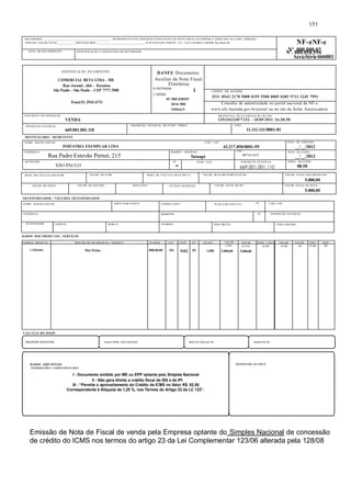 RECEBEMOS ________________________________________________ OS PRODUTOS E/OU SERVIÇOS CONSTANTES DA NOTA FISCAL ELETRÔNICA INDICADA AO LADO. EMISSÃO: 
10/05/2011 VALOR TOTAL_____________DESTINATÁRIO: _________________________________- R PE ESTEVAO PERNET, 215 - VILA GOMES CARDIM Sao Paulo-SP NF-eNF-e 
DATA DO RECEBIMENTO IDENTIFICAÇÃO E ASSINATURA DO RECEBEDOR 
DENTIFICAÇÃO DO EMITENTE 
COMERCIAL BETA LTDA - ME 
Rua visconti , 666 – Torontos 
São Paulo – São Paulo – CEP 7777.7000 
Fone(11) 2942-6711 
NATUREZA DA OPERAÇÃO 
VENDA 
INSCRIÇÃO ESTADUAL 
669.001.001.110 
DESTINATÁRIO / REMETENTE 
NOME / RAZÃO SOCIAL CNPJ / CPF 
INDÚSTRIA EXEMPLAR LTDA 43.217.850/0001-59 
ENDEREÇO 
Rua Padre Estevão Pernet, 215 . 
MUNICÍPIO 
SÃO PAULO 
BASE DE CÁLCULO DO ICMS VALOR DO ICMS BASE DE CÁLCULO DO ICMS S.T. VALOR DO ICMS SUBSTITUIÇÃO VALOR TOTAL DOS PRODUTOS 
VALOR DO FRETE VALOR DO SEGURO DESCONTO OUTRAS DESPESAS VALOR TOTAL DO IPI VALOR TOTAL DA NOTA 
TRANSPORTADOR / VOLUMES TRANSPORTADOS 
BAIRRO / DISTRITO 
Tatuapé 
CEP 
Nº .000.000.03 Nº. 000.058.594 
SérieSérie 000001 
08743-035 DATA DA SAÍDA 
UF 
SP FONE / FAX INSCRIÇÃO ESTADUAL 
669.001.001.110 
NOME / RAZÃO SOCIAL FRETE POR CONTA CÓDIGO ANTT PLACA DO VEÍCULO UF CNPJ / CPF 
DATA DE EMISSÃO 
__/__/2012 
__/__/2012 
HORA DA SAÍDA 
08:50 
ENDEREÇO MUNICÍPIO UF INSCRIÇÃO ESTADUAL 
QUANTIDADE ESPÉCIE MARCA NÚMERO PESO BRUTO PESO LÍQUIDO 
DADOS DOS PRODUTOS / SERVIÇOS 
. 
DANFE Documento 
Auxiliar da Nota Fiscal 
Eletrônica 
0-ENTRADA 1 
1-SAÍDA 
N? 000.038597 
Série 000 
Folha1/1 
CHAVE DE ACESSO 
3511 0543 2178 5000 0159 5500 0005 0385 9713 3245 7991 
Consulta de autenticidade no portal nacional da NF-e 
www.nfe.fazenda.gov.br/portal ou no site da Sefaz Autorizadora 
PROTOCOLO DE AUTORIZAÇÃO DE USO 
135110232077152 - 10/05/2011 16:20:50 
INSCRIÇÃO ESTADUAL DO SUBST. TRIBUT. CNPJ 
11.111.111/0001-81 
5.000,00 
5.000,00 
CÓDIGO PRODUTO DESCRIÇÃO DO PRODUTO / SERVIÇO NCM/SH CST CFOP UN QUANT VALOR VALOR BASE CÁLC. VALOR. VALOR. ALIQ. ALIQ. 
CTHD4581 Mat Prima 000.00.00 101 5102 PC 1,000 
CÁLCULO DO ISSQN 
. 
151 
UNIT 
5.000,00 
TOTAL 
5.000,00 
ICMS ICMS IPI ICMS IPI 
INSCRIÇÃO MUNICIPAL VALOR TOTAL DOS SERVIÇOS BASE DE CÁLCULO ISS VALOR DO ISS 
DADOS ADICIONAIS RESERVADO AO FISCO 
INFORMAÇÕES COMPLEMENTARES 
I - Documento emitido por ME ou EPP optante pelo Simples Nacional 
II - Não gera direito a crédito fiscal de ISS e de IPI 
III - “Permite o aproveitamento do Crédito de ICMS no Valor R$. 62,50 
Correspondente à Alíquota de 1,25 %, nos Termos do Artigo 23 da LC 123”. 
Emissão de Nota de Fiscal de venda pela Empresa optante do Simples Nacional de concessão 
de crédito do ICMS nos termos do artigo 23 da Lei Complementar 123/06 alterada pela 128/08 
 
