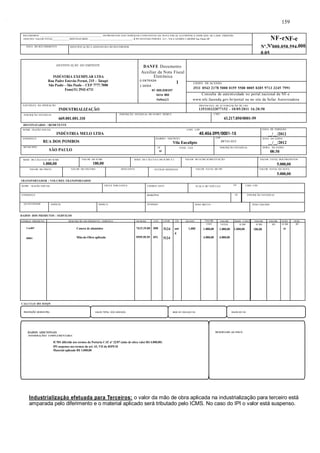 RECEBEMOS ________________________________________________ OS PRODUTOS E/OU SERVIÇOS CONSTANTES DA NOTA FISCAL ELETRÔNICA INDICADA AO LADO. EMISSÃO: 
10/05/2011 VALOR TOTAL_____________DESTINATÁRIO: _________________________________- R PE ESTEVAO PERNET, 215 - VILA GOMES CARDIM Sao Paulo-SP NF-eNF-e 
DATA DO RECEBIMENTO IDENTIFICAÇÃO E ASSINATURA DO RECEBEDOR 
DENTIFICAÇÃO DO EMITENTE 
INDÚSTRIA EXEMPLAR LTDA 
Rua Padre Estevão Pernet, 215 – Tatupé 
São Paulo – São Paulo – CEP 7777.7000 
Fone(11) 2942-6711 
NATUREZA DA OPERAÇÃO 
INDUSTRIALIZAÇÃO 
INSCRIÇÃO ESTADUAL 
669.001.001.110 
DESTINATÁRIO / REMETENTE 
NOME / RAZÃO SOCIAL CNPJ / CPF 
INDÚSTRIA MELO LTDA 45.456.099/0001-15 
ENDEREÇO 
RUA DOS POMBOS 
MUNICÍPIO 
Nº.Nº000.058.594.000.00 
0.05 
SérieSérie000001 
SP FONE / FAX INSCRIÇÃO ESTADUAL HORA DA SAÍDA 
SÃO PAULO UF 
BASE DE CÁLCULO DO ICMS 
1.000,00 
VALOR DO ICMS 
VALOR DO FRETE VALOR DO SEGURO DESCONTO OUTRAS DESPESAS VALOR TOTAL DO IPI VALOR TOTAL DA NOTA 
TRANSPORTADOR / VOLUMES TRANSPORTADOS 
. 
BAIRRO / DISTRITO 
Vila Eucalipto 
CEP 
08743-035 DATA DA SAÍDA 
180,00 
BASE DE CÁLCULO DO ICMS S.T. VALOR DO ICMS SUBSTITUIÇÃO VALOR TOTAL DOS PRODUTOS 
NOME / RAZÃO SOCIAL FRETE POR CONTA CÓDIGO ANTT PLACA DO VEÍCULO UF CNPJ / CPF 
DATA DE EMISSÃO 
__/__/2012 
__/__/2012 
08:30 
ENDEREÇO MUNICÍPIO UF INSCRIÇÃO ESTADUAL 
QUANTIDADE ESPÉCIE MARCA NÚMERO PESO BRUTO PESO LÍQUIDO 
DADOS DOS PRODUTOS / SERVIÇOS 
. 
DANFE Documento 
Auxiliar da Nota Fiscal 
Eletrônica 
0-ENTRADA 1 
1-SAÍDA 
N? 000.038597 
Série 000 
Folha1/1 
CHAVE DE ACESSO 
3511 0543 2178 5000 0159 5500 0005 0385 9713 3245 7991 
Consulta de autenticidade no portal nacional da NF-e 
www.nfe.fazenda.gov.br/portal ou no site da Sefaz Autorizadora 
PROTOCOLO DE AUTORIZAÇÃO DE USO 
135110232077152 - 10/05/2011 16:20:50 
INSCRIÇÃO ESTADUAL DO SUBST. TRIBUT. CNPJ 
43.217.850/0001-59 
5.000,00 
5.000,00 
CÓDIGO PRODUTO DESCRIÇÃO DO PRODUTO / SERVIÇO NCM/SH CST CFOP UN QUANT VALOR VALOR BASE CÁLC. VALOR. VALOR. ALIQ. ALIQ. 
Cnc007 
00001 
CÁLCULO DO ISSQN 
. 
159 
Caneca de alumínios 
Mão-de-Obra aplicada 
7615.19.00 
9999.99.99 
000 
051 
5124 
5124 
uni 
d 
1,000 
UNIT 
1.000,00 
4.000,00 
TOTAL 
1.000,00 
4.000,00 
ICMS 
1.000,00 
INSCRIÇÃO MUNICIPAL VALOR TOTAL DOS SERVIÇOS BASE DE CÁLCULO ISS VALOR DO ISS 
DADOS ADICIONAIS 
INFORMAÇÕES COMPLEMENTARES 
ICMS diferido nos termos da Portaria CAT nº 22/07 (mão de obra valor R$ 4.000,00) 
IPI suspenso nos termos do art. 43, VII do RIPI/10 
Material aplicado R$ 1.000,00 
RESERVADO AO FISCO 
ICMS 
180,00 
IPI ICMS 
18 
IPI 
Industrialização efetuada para Terceiros: o valor da mão de obra aplicada na industrialização para terceiro está 
amparada pelo diferimento e o material aplicado será tributado pelo ICMS. No caso do IPI o valor está suspenso. 
 