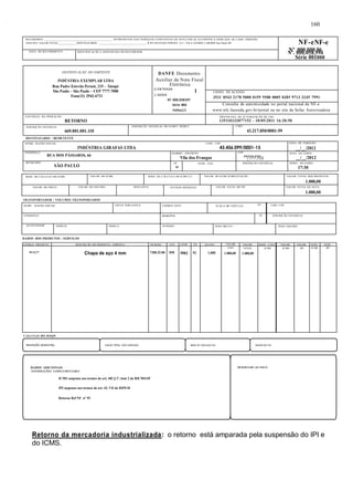 RECEBEMOS ________________________________________________ OS PRODUTOS E/OU SERVIÇOS CONSTANTES DA NOTA FISCAL ELETRÔNICA INDICADA AO LADO. EMISSÃO: 
10/05/2011 VALOR TOTAL_____________DESTINATÁRIO: _________________________________- R PE ESTEVAO PERNET, 215 - VILA GOMES CARDIM Sao Paulo-SP NF-eNF-e 
DATA DO RECEBIMENTO IDENTIFICAÇÃO E ASSINATURA DO RECEBEDOR 
DENTIFICAÇÃO DO EMITENTE 
INDÚSTRIA EXEMPLAR LTDA 
Rua Padre Estevão Pernet, 215 – Tatupé 
São Paulo – São Paulo – CEP 7777.7000 
Fone(11) 2942-6711 
NATUREZA DA OPERAÇÃO 
RETORNO 
INSCRIÇÃO ESTADUAL 
669.001.001.110 
DESTINATÁRIO / REMETENTE 
NOME / RAZÃO SOCIAL CNPJ / CPF 
INDÚSTRIA GIRAFAS LTDA 45.456.099/0001-15 
ENDEREÇO 
RUA DOS PÁSSAROS, 66 
MUNICÍPIO 
Nº .000.000.06 Nº. 000.058.594 
Série 001000 
SP FONE / FAX INSCRIÇÃO ESTADUAL HORA DA SAÍDA 
SÃO PAULO UF 
BASE DE CÁLCULO DO ICMS VALOR DO ICMS BASE DE CÁLCULO DO ICMS S.T. VALOR DO ICMS SUBSTITUIÇÃO VALOR TOTAL DOS PRODUTOS 
VALOR DO FRETE VALOR DO SEGURO DESCONTO OUTRAS DESPESAS VALOR TOTAL DO IPI VALOR TOTAL DA NOTA 
TRANSPORTADOR / VOLUMES TRANSPORTADOS 
. 
BAIRRO / DISTRITO 
Vila dos Frangos 
CEP 
08743-035 7777.705 
0 
NOME / RAZÃO SOCIAL FRETE POR CONTA CÓDIGO ANTT PLACA DO VEÍCULO UF CNPJ / CPF 
DATA DE EMISSÃO 
__/__/2012 
DATA DA SAÍDA 
__/__/2012 
17:30 
ENDEREÇO MUNICÍPIO UF INSCRIÇÃO ESTADUAL 
QUANTIDADE ESPÉCIE MARCA NÚMERO PESO BRUTO PESO LÍQUIDO 
DADOS DOS PRODUTOS / SERVIÇOS 
. 
DANFE Documento 
Auxiliar da Nota Fiscal 
Eletrônica 
0-ENTRADA 1 
1-SAÍDA 
N? 000.038597 
Série 000 
Folha1/1 
CHAVE DE ACESSO 
3511 0543 2178 5000 0159 5500 0005 0385 9713 3245 7991 
Consulta de autenticidade no portal nacional da NF-e 
www.nfe.fazenda.gov.br/portal ou no site da Sefaz Autorizadora 
PROTOCOLO DE AUTORIZAÇÃO DE USO 
135110232077152 - 10/05/2011 16:20:50 
INSCRIÇÃO ESTADUAL DO SUBST. TRIBUT. CNPJ 
43.217.850/0001-59 
1.000,00 
1.000,00 
CÓDIGO PRODUTO DESCRIÇÃO DO PRODUTO / SERVIÇO NCM/SH CST CFOP UN QUANT VALOR VALOR BASE CÁLC. VALOR. VALOR. ALIQ. ALIQ. 
59-33.77 Chapa de aço 4 mm 7208.25.00 050 5902 PÇ 1,000 
CÁLCULO DO ISSQN 
. 
160 
UNIT 
1.000,00 
TOTAL 
1.000,00 
ICMS ICMS IPI ICMS IPI 
INSCRIÇÃO MUNICIPAL VALOR TOTAL DOS SERVIÇOS BASE DE CÁLCULO ISS VALOR DO ISS 
DADOS ADICIONAIS RESERVADO AO FISCO 
INFORMAÇÕES COMPLEMENTARES 
ICMS suspenso nos termos do art. 402 § 1º, item 2 do RICMS/SP 
IPI suspenso nos termos do art. 43, VII do RIPI/10 
Retorno Ref NF nº 55 
Retorno da mercadoria industrializada: o retorno está amparada pela suspensão do IPI e 
do ICMS. 
 