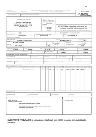 RECEBEMOS ________________________________________________ OS PRODUTOS E/OU SERVIÇOS CONSTANTES DA NOTA FISCAL ELETRÔNICA INDICADA AO LADO. EMISSÃO: 
10/05/2011 VALOR TOTAL_____________DESTINATÁRIO: _________________________________- R PE ESTEVAO PERNET, 215 - VILA GOMES CARDIM Sao Paulo-SP NF-eNF-e 
DESTINATÁRIO / REMETENTE 
NOME / RAZÃO SOCIAL CNPJ / CPF 
COMERCIO MELO LTDA 45.456.099/0001-15 
ENDEREÇO 
RUA DOS POMBOS 
MUNICÍPIO 
Nº .000.000.07 Nº. 000.058.594 
SérieSérie 000001 
SP FONE / FAX INSCRIÇÃO ESTADUAL HORA DA SAÍDA 
SÃO PAULO UF 
TRANSPORTADOR / VOLUMES TRANSPORTADOS 
DADOS DOS PRODUTOS / SERVIÇOS 
DATA DE EMISSÃO 
__/__/2012 
. 
BAIRRO / DISTRITO 
Vila Eucalipto 
CEP 
08743-035 DATA DA SAÍDA 
__/__/2012 
CÓDIGO PRODUTO DESCRIÇÃO DO PRODUTO / SERVIÇO NCM/SH CST CFOP UN QUANT VALOR VALOR BASE CÁLC. VALOR. VALOR. ALIQ. ALIQ. 
TNT140 Timta acrílica gelo – 18 litros 3209.10.10 010 5401 uni 
CÁLCULO DO ISSQN 
. 
161 
d 
100 
UNIT 
250,00 
TOTAL 
25.000,00 
ICMS 
25.0000,00 
INSCRIÇÃO MUNICIPAL VALOR TOTAL DOS SERVIÇOS BASE DE CÁLCULO ISS VALOR DO ISS 
DADOS ADICIONAIS RESERVADO AO FISCO 
INFORMAÇÕES COMPLEMENTARES 
ICMS recolhido nos termos do artigo 312 do RICS/SP 
Destinatário deverá escriturar o documento fiscal recebido com imposto retido nos 
termos do artigo 278 do RICMS/SP 
ICMS 
4.500,00 
IPI 
2.500,00 
ICMS 
18 
SUBSTITUTO TRIBUTÁRIO: a emissão da nota fiscal com ICMS próprio e com substituição 
tributária 
IPI 
10 
DENTIFICAÇÃO DO EMITENTE 
INDÚSTRIA EXEMPLAR LTDA 
Rua Padre Estevão Pernet, 215 – Tatupé 
São Paulo – São Paulo – CEP 7777.7000 
Fone(11) 2942-6711 
. 
DANFE Documento 
Auxiliar da Nota Fiscal 
Eletrônica 
0-ENTRADA 1 
1-SAÍDA 
N? 000.038597 
Série 000 
Folha1/1 
CHAVE DE ACESSO 
3511 0543 2178 5000 0159 5500 0005 0385 9713 3245 7991 
Consulta de autenticidade no portal nacional da NF-e 
www.nfe.fazenda.gov.br/portal ou no site da Sefaz Autorizadora 
NATUREZA DA OPERAÇÃO 
VENDA 
PROTOCOLO DE AUTORIZAÇÃO DE USO 
135110232077152 - 10/05/2011 16:20:50 
INSCRIÇÃO ESTADUAL 
669.001.001.110 
INSCRIÇÃO ESTADUAL DO SUBST. TRIBUT. 
454.565.456.156 
CNPJ 
43.217.850/0001-59 
NOME / RAZÃO SOCIAL FRETE POR CONTA CÓDIGO ANTT PLACA DO VEÍCULO UF CNPJ / CPF 
ENDEREÇO MUNICÍPIO UF INSCRIÇÃO ESTADUAL 
QUANTIDADE ESPÉCIE MARCA NÚMERO PESO BRUTO PESO LÍQUIDO 
08:30 
DATA DO RECEBIMENTO IDENTIFICAÇÃO E ASSINATURA DO RECEBEDOR 
BASE DE CÁLCULO DO ICMS 
25.000,00 
VALOR DO ICMS 
4.500,00 
BASE DE CÁLCULO DO ICMS S.T. 
37.125,00 
VALOR DO ICMS SUBSTITUIÇÃO 
2.182,50 
VALOR TOTAL DOS PRODUTOS 
25.000,00 
VALOR DO FRETE VALOR DO SEGURO DESCONTO 0 OUTRAS DESPESAS VALOR TOTAL DO IPI 
2.500,00 
VALOR TOTAL DA NOTA 
29.682,50 
 