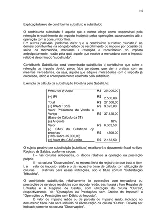 162 
Explicação breve de contribuinte substituto e substituído 
O contribuinte substituto é aquele que a norma elege como responsável pela 
retenção e recolhimento do imposto incidente pelas operações subsequentes até a 
operação com o consumidor final. 
Em outras palavras, podemos dizer que o contribuinte substituto “substitui” os 
demais contribuintes na obrigatoriedade de recolhimento do imposto por ocasião da 
saída da mercadoria, mediante a retenção e recolhimento do imposto 
antecipadamente, razão pela qual aquele que recebe a mercadoria com o imposto 
retido é denominado “substituído”. 
Contribuinte Substituído será denominado substituído o contribuinte que sofre a 
retenção do imposto devido pelos fatos geradores que vier a praticar com as 
mesmas mercadorias, ou seja, aquele que adquire mercadorias com o imposto já 
calculado, retido e antecipadamente recolhido pelo substituto. 
Exemplo de cálculo da substituição tributária pelo Substituto: 
Preço do produto R$ 25.000,00 
(+) IPI R$ 2.500,00 
Total R$ 27.500,00 
(+) IVA-ST 35% R$ 9.625,00 
Valor Presumido de Venda a 
Varejo R$ 37.125,00 
(Base de Cálculo da ST) 
(x) Alíquota 18% 
Valor R$ 6.682,50 
(-) ICMS do Substituto op 
próprias R$ 4500,00 
(18% sobre 25.000,00) 
(=) Valor do ICMS retido R$ 2.182,50 
O sujeito passivo por substituição (substituto) escriturará o documento fiscal no livro 
Registro de Saídas, conforme segue: 
I – nas colunas adequadas, os dados relativos à operação ou prestação 
própria; 
II – na coluna "Observações", na mesma linha do registro de que trata o item 
I, o valor do imposto retido e o da respectiva base de cálculo, com utilização de 
colunas distintas para essas indicações, sob o título comum "Substituição 
Tributária". 
O contribuinte substituído, relativamente às operações com mercadoria ou 
prestações de serviços recebidas com imposto retido, escriturará o livro Registro de 
Entradas e o Registro de Saídas, com utilização da coluna "Outras", 
respectivamente, de "Operações ou Prestações sem Crédito do Imposto" e 
"Operações ou Prestações sem Débito do Imposto". 
O valor do imposto retido ou de parcela do imposto retido, indicado no 
documento fiscal não será incluído na escrituração da coluna "Outras". Deverá ser 
indicado somente na coluna "Observações". 
 