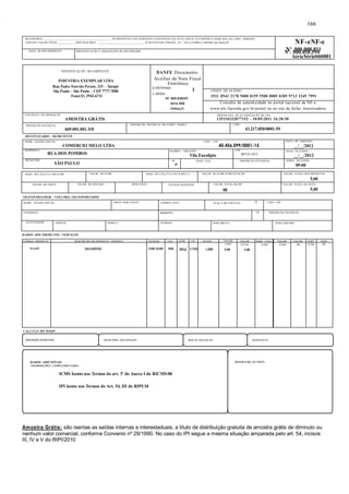 RECEBEMOS ________________________________________________ OS PRODUTOS E/OU SERVIÇOS CONSTANTES DA NOTA FISCAL ELETRÔNICA INDICADA AO LADO. EMISSÃO: 
10/05/2011 VALOR TOTAL_____________DESTINATÁRIO: _________________________________- R PE ESTEVAO PERNET, 215 - VILA GOMES CARDIM Sao Paulo-SP NF-eNF-e 
DATA DO RECEBIMENTO IDENTIFICAÇÃO E ASSINATURA DO RECEBEDOR 
DENTIFICAÇÃO DO EMITENTE 
INDÚSTRIA EXEMPLAR LTDA 
Rua Padre Estevão Pernet, 215 – Tatupé 
São Paulo – São Paulo – CEP 7777.7000 
Fone(11) 2942-6711 
NATUREZA DA OPERAÇÃO 
AMOSTRA GRÁTIS 
INSCRIÇÃO ESTADUAL 
669.001.001.110 
DESTINATÁRIO / REMETENTE 
NOME / RAZÃO SOCIAL CNPJ / CPF 
COMERCIO MELO LTDA 45.456.099/0001-15 
ENDEREÇO 
RUA DOS POMBOS 
MUNICÍPIO 
Nº .000.000.011 Nº. 000.058.594 
SérieSérie000001 
SP FONE / FAX INSCRIÇÃO ESTADUAL HORA DA SAÍDA 
SÃO PAULO UF 
BASE DE CÁLCULO DO ICMS VALOR DO ICMS BASE DE CÁLCULO DO ICMS S.T. VALOR DO ICMS SUBSTITUIÇÃO VALOR TOTAL DOS PRODUTOS 
VALOR DO FRETE VALOR DO SEGURO DESCONTO OUTRAS DESPESAS VALOR TOTAL DO IPI 
TRANSPORTADOR / VOLUMES TRANSPORTADOS 
. 
BAIRRO / DISTRITO 
Vila Eucalipto 
CEP 
08743-035 DATA DA SAÍDA 
00 
NOME / RAZÃO SOCIAL FRETE POR CONTA CÓDIGO ANTT PLACA DO VEÍCULO UF CNPJ / CPF 
DATA DE EMISSÃO 
__/__/2012 
__/__/2012 
09:00 
VALOR TOTAL DA NOTA 
ENDEREÇO MUNICÍPIO UF INSCRIÇÃO ESTADUAL 
QUANTIDADE ESPÉCIE MARCA NÚMERO PESO BRUTO PESO LÍQUIDO 
DADOS DOS PRODUTOS / SERVIÇOS 
. 
DANFE Documento 
Auxiliar da Nota Fiscal 
Eletrônica 
0-ENTRADA 1 
1-SAÍDA 
N? 000.038597 
Série 000 
Folha1/1 
CHAVE DE ACESSO 
3511 0543 2178 5000 0159 5500 0005 0385 9713 3245 7991 
Consulta de autenticidade no portal nacional da NF-e 
www.nfe.fazenda.gov.br/portal ou no site da Sefaz Autorizadora 
PROTOCOLO DE AUTORIZAÇÃO DE USO 
135110232077152 - 10/05/2011 16:20:50 
INSCRIÇÃO ESTADUAL DO SUBST. TRIBUT. CNPJ 
43.217.850/0001-59 
5,00 
5,00 
CÓDIGO PRODUTO DESCRIÇÃO DO PRODUTO / SERVIÇO NCM/SH CST CFOP UN QUANT VALOR VALOR BASE CÁLC. VALOR. VALOR. ALIQ. ALIQ. 
59-4259 SHAMPOO 3305.10.00 040 5911 UNID 1,000 
CÁLCULO DO ISSQN 
. 
166 
UNIT 
5,00 
TOTAL 
5,00 
ICMS ICMS IPI ICMS IPI 
INSCRIÇÃO MUNICIPAL VALOR TOTAL DOS SERVIÇOS BASE DE CÁLCULO ISS VALOR DO ISS 
DADOS ADICIONAIS RESERVADO AO FISCO 
INFORMAÇÕES COMPLEMENTARES 
ICMS Isento nos Termos do art. 3º do Anexo I do RICMS/00 
IPI isento nos Termos do Art. 54, III do RIPI/10 
Amostra Grátis: são isentas as saídas internas e interestaduais, a título de distribuição gratuita de amostra grátis de diminuto ou 
nenhum valor comercial, conforme Convenio nº 29/1990. No caso do IPI segue a mesma situação amparada pelo art. 54, incisos 
III, IV e V do RIPI/2010 
 