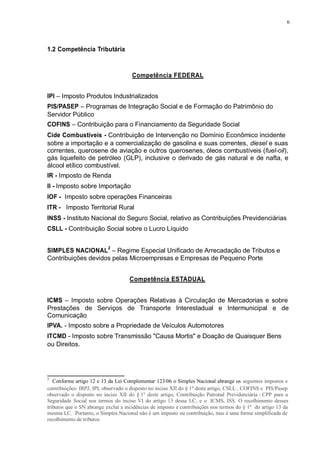 6 
1.2 Competência Tributária 
Competência FEDERAL 
IPI – Imposto Produtos Industrializados 
PIS/PASEP – Programas de Integração Social e de Formação do Patrimônio do 
Servidor Público 
COFINS – Contribuição para o Financiamento da Seguridade Social 
Cide Combustíveis - Contribuição de Intervenção no Domínio Econômico incidente 
sobre a importação e a comercialização de gasolina e suas correntes, diesel e suas 
correntes, querosene de aviação e outros querosenes, óleos combustíveis (fuel-oil), 
gás liquefeito de petróleo (GLP), inclusive o derivado de gás natural e de nafta, e 
álcool etílico combustível. 
IR - Imposto de Renda 
II - Imposto sobre Importação 
IOF - Imposto sobre operações Financeiras 
ITR - Imposto Territorial Rural 
INSS - Instituto Nacional do Seguro Social, relativo as Contribuições Previdenciárias 
CSLL - Contribuição Social sobre o Lucro Líquido 
SIMPLES NACIONAL2 – Regime Especial Unificado de Arrecadação de Tributos e 
Contribuições devidos pelas Microempresas e Empresas de Pequeno Porte 
Competência ESTADUAL 
ICMS – Imposto sobre Operações Relativas à Circulação de Mercadorias e sobre 
Prestações de Serviços de Transporte Interestadual e Intermunicipal e de 
Comunicação 
IPVA. - Imposto sobre a Propriedade de Veículos Automotores 
ITCMD - Imposto sobre Transmissão "Causa Mortis" e Doação de Quaisquer Bens 
ou Direitos. 
2 Conforme artigo 12 e 13 da Lei Complementar 123/06 o Simples Nacional abrange os seguintes impostos e 
contribuições: IRPJ, IPI, observado o disposto no inciso XII do § 1º deste artigo, CSLL , COFINS e PIS/Pasep 
observado o disposto no inciso XII do § 1º deste artigo, Contribuição Patronal Previdenciária - CPP para a 
Seguridade Social nos termos do inciso VI do artigo 13 dessa LC, e o ICMS, ISS. O recolhimento desses 
tributos que o SN abrange exclui a incidências de imposto e contribuições nos termos do § 1º do artigo 13 da 
mesma LC. Portanto, o Simples Nacional não é um imposto ou contribuição, mas é uma forma simplificada de 
recolhimento de tributos. 
 
