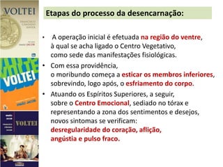 Etapas do processo da desencarnação:
• A operação inicial é efetuada na região do ventre,
à qual se acha ligado o Centro Vegetativo,
como sede das manifestações fisiológicas.
• Com essa providência,
o moribundo começa a esticar os membros inferiores,
sobrevindo, logo após, o esfriamento do corpo.
• Atuando os Espíritos Superiores, a seguir,
sobre o Centro Emocional, sediado no tórax e
representando a zona dos sentimentos e desejos,
novos sintomas se verificam:
desregularidade do coração, aflição,
angústia e pulso fraco.
 