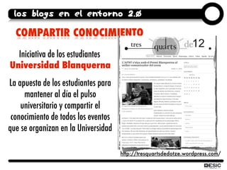 los blogs en el entorno 2.0

  COMPARTIR CONOCIMIENTO
  Iniciativa de los estudiantes
Universidad Blanquerna
La apuesta de...