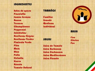 INGREDIENTES

Extra de queso     TAMAÑOS
Prosciutto
Jamón Serrano      Familiar
Bacon              Grande
Ternera            Mediana
Champiñones        Individual
Pepperoni
Salchichas
                                        MASA
Aceitunas Negras                        Fina
Aceitunas Verdes   SALSAS               Clásica
Pimiento Verde                          Pan
Piña               Salsa de Tomate
Maíz               Salsa Barbacoa
Atún               Salsa Carbonara
Pollo              Salsa Mediterránea
Cebolla            Salsa Picante
Huevo
Rúcula
Tomate Natural
 