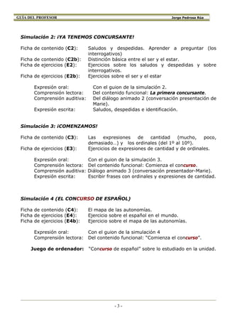 GUÍA DEL PROFESOR                                                  Jorge Pedrosa Rúa




 Simulación 2: ¡YA TENEMOS CONCURSANTE!

 Ficha de contenido (C2):      Saludos y despedidas. Aprender a preguntar (los
                               interrogativos)
 Ficha de contenido (C2b):     Distinción básica entre el ser y el estar.
 Ficha de ejercicios (E2):     Ejercicios sobre los saludos y despedidas y sobre
                               interrogativos.
 Ficha de ejercicios (E2b):    Ejercicios sobre el ser y el estar

       Expresión oral:           Con el guion de la simulación 2.
       Comprensión lectora:      Del contenido funcional: La primera concursante.
       Comprensión auditiva:     Del diálogo animado 2 (conversación presentación de
                                 Marie).
       Expresión escrita:        Saludos, despedidas e identificación.


 Simulación 3: ¡COMENZAMOS!

 Ficha de contenido (C3):      Las    expresiones    de   cantidad    (mucho,    poco,
                               demasiado…) y los ordinales (del 1º al 10º).
 Ficha de ejercicios (E3):     Ejercicios de expresiones de cantidad y de ordinales.

       Expresión oral:         Con el guion de la simulación 3.
       Comprensión lectora:    Del contenido funcional: Comienza el concurso.
       Comprensión auditiva:   Diálogo animado 3 (conversación presentador-Marie).
       Expresión escrita:      Escribir frases con ordinales y expresiones de cantidad.



 Simulación 4 (EL CONCURSO DE ESPAÑOL)

 Ficha de contenido (C4):      El mapa de las autonomías.
 Ficha de ejercicios (E4):     Ejercicio sobre el español en el mundo.
 Ficha de ejercicios (E4b):    Ejercicio sobre el mapa de las autonomías.

       Expresión oral:      Con el guion de la simulación 4
       Comprensión lectora: Del contenido funcional: “Comienza el concurso”.

      Juego de ordenador:      “Concurso de español” sobre lo estudiado en la unidad.




                                          -3-
 