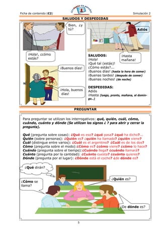 Ficha de contenido (C2)                                                 Simulación 2
                           SALUDOS Y DESPEDIDAS

                              Bien, ¿y
                              tú?                                          Adiós




     ¡Hola!, ¿cómo                        SALUDOS:             ¡Hasta
     estás?                               ¡Hola!               mañana!
                                          ¡Qué tal (estás)!
                          ¡Buenos días!   ¿Cómo estás?...
                                          ¡Buenos días! (hasta la hora de comer)
                                          ¡Buenas tardes! (después de comer)
                                          ¡Buenas noches! (de noche)

                                          DESPEDIDAS:
                          ¡Hola, buenos   Adiós
                           días!          ¡Hasta (luego, pronto, mañana, el domin-
                                          go…)


                                  PREGUNTAR

 Para preguntar se utilizan los interrogativos: qué, quién, cuál, cómo,
 cuándo, cuánto y dónde (Se utilizan los signos ¿ ? para abrir y cerrar la
 pregunta).

 Qué (pregunta sobre cosas): ¿Qué es eso? ¿qué pasa? ¿qué ha dicho?...
 Quién (sobre personas): ¿Quién es? ¿quién ha llamado? ¿quién viene?
 Cuál (distingue entre varios): ¿Cuál es el argentino? ¿Cuál es de los dos?
 Cómo (pregunta sobre el modo):¿Cómo es? ¿cómo viene? ¿cómo lo hace?
 Cuándo (pregunta sobre el tiempo):¿Cuándo llega? ¿cuándo llamará?
 Cuánto (pregunta por la cantidad): ¿Cuánto cuesta? ¿cuánto quieres?
 Dónde (pregunta por el lugar): ¿Dónde está el coche? ¿de dónde es?

   ¿Qué dirán?


                                                         ¿Quién es?
¿Cómo se
llama?




                                                               ¿De dónde es?



                                    5
 