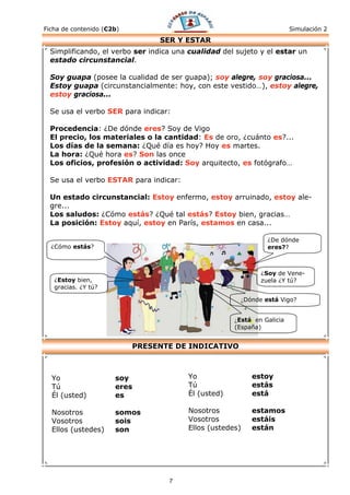 Ficha de contenido (C2b)                                                Simulación 2
                                SER Y ESTAR
  Simplificando, el verbo ser indica una cualidad del sujeto y el estar un
  estado circunstancial.

  Soy guapa (posee la cualidad de ser guapa); soy alegre, soy graciosa...
  Estoy guapa (circunstancialmente: hoy, con este vestido…), estoy alegre,
  estoy graciosa...

  Se usa el verbo SER para indicar:

  Procedencia: ¿De dónde eres? Soy de Vigo
  El precio, los materiales o la cantidad: Es de oro, ¿cuánto es?...
  Los días de la semana: ¿Qué día es hoy? Hoy es martes.
  La hora: ¿Qué hora es? Son las once
  Los oficios, profesión o actividad: Soy arquitecto, es fotógrafo…

  Se usa el verbo ESTAR para indicar:

  Un estado circunstancial: Estoy enfermo, estoy arruinado, estoy ale-
  gre...
  Los saludos: ¿Cómo estás? ¿Qué tal estás? Estoy bien, gracias…
  La posición: Estoy aquí, estoy en París, estamos en casa...

                                                               ¿De dónde
  ¿Cómo estás?                                                 eres??



                                                             ¿Soy de Vene-
   ¿Estoy bien,                                              zuela ¿Y tú?
   gracias. ¿Y tú?

                                                       ¿Dónde está Vigo?


                                                     ¿Está en Galicia
                                                     (España)


                           PRESENTE DE INDICATIVO



  Yo                  soy               Yo                estoy
  Tú                  eres              Tú                estás
  Él (usted)          es                Él (usted)        está

  Nosotros            somos             Nosotros          estamos
  Vosotros            sois              Vosotros          estáis
  Ellos (ustedes)     son               Ellos (ustedes)   están




                                   7
 