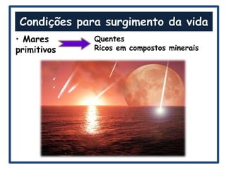 Condições para surgimento da vida
• Mares      Quentes
primitivos   Ricos em compostos minerais
 