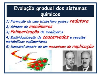 Evolução gradual dos sistemas
                 químicos
1) Formação de uma atmosfera gasosa    redutora
2) Síntese de    monômeros
3)   Polimerização de monômeros
4)   Individualização de coacervados e reações
metabólicas rudimentares
5) Desenvolvimento de um mecanismo de replicação
 