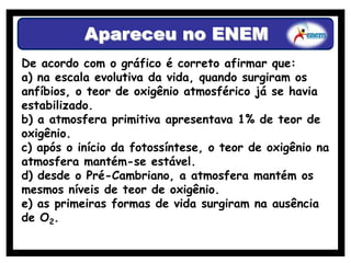 Apareceu no ENEM
De acordo com o gráfico é correto afirmar que:
a) na escala evolutiva da vida, quando surgiram os
anfíbios, o teor de oxigênio atmosférico já se havia
estabilizado.
b) a atmosfera primitiva apresentava 1% de teor de
oxigênio.
c) após o início da fotossíntese, o teor de oxigênio na
atmosfera mantém-se estável.
d) desde o Pré-Cambriano, a atmosfera mantém os
mesmos níveis de teor de oxigênio.
e) as primeiras formas de vida surgiram na ausência
de O2.
 