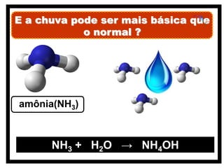E a chuva pode ser mais básica que
            o normal ?




amônia(NH3)



      NH3 + H2O → NH4OH
 