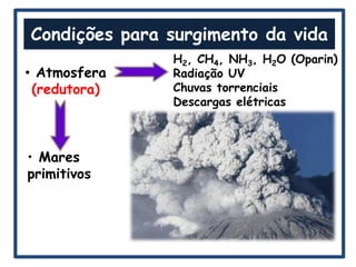 Condições para surgimento da vida
               H2, CH4, NH3, H2O (Oparin)
• Atmosfera    Radiação UV
 (redutora)    Chuvas torrenciais
               Descargas elétricas



• Mares
primitivos
 