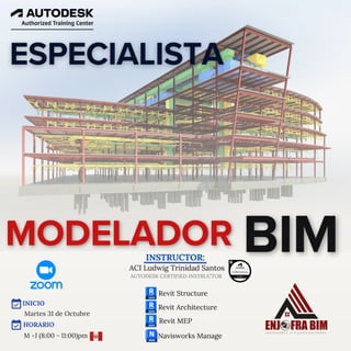 Bedrooms
Bathrooms
4
2 2
INSTRUCTOR:
ACI Ludwig Trinidad Santos
Revit Structure
Revit Architecture
Revit MEP
Navisworks Manage
AUTODESK CERTIFIED INSTRUCTOR
INICIO
Martes 31 de Octubre
HORARIO
M -J (8:00 - 11:00)pm
 