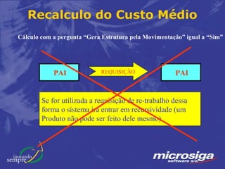 Recalculo do Custo Médio
Cálculo com a pergunta “Gera Estrutura pela Movimentação” igual a “Sim”




            PAI             REQUISIÇÃO                PAI


        Se for utilizada a requisição de re-trabalho dessa
        forma o sistema irá entrar em recursividade (um
        Produto não pode ser feito dele mesmo).
 