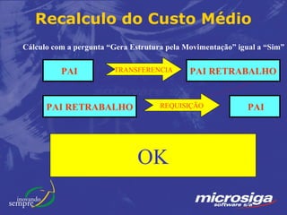 Recalculo do Custo Médio
Cálculo com a pergunta “Gera Estrutura pela Movimentação” igual a “Sim”


          PAI           TRANSFERENCIA        PAI RETRABALHO


      PAI RETRABALHO                 REQUISIÇÃO              PAI




                               OK
 