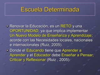 Escuela Determinada,[object Object],Renovar la Educación, es un RETO y una OPORTUNIDAD, ya que implica implementar Un Nuevo Modelo de Enseñanza y Aprendizaje;  acorde con las Necesidades locales, nacionales e internacionales (Ruiz, 2005).,[object Object],Donde el Educando tiene que Aprender a Aprender y el Educador debe Enseñar a Pensar, Criticar y Reflexionar (Ruiz , 2005). ,[object Object]