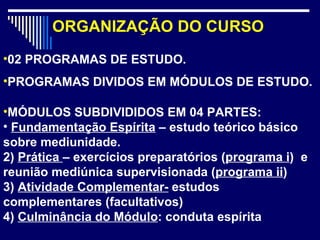 02 PROGRAMAS DE ESTUDO. PROGRAMAS DIVIDOS EM MÓDULOS DE ESTUDO.  MÓDULOS SUBDIVIDIDOS EM 04 PARTES: Fundamentação Espírita  – estudo teórico básico sobre mediunidade. 2)  Prática  – exercícios preparatórios ( programa i )  e reunião mediúnica supervisionada ( programa ii )  3)  Atividade Complementar-  estudos complementares (facultativos) 4)  Culminância do Módulo : conduta espírita ORGANIZAÇÃO DO CURSO 