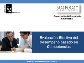 www.monroyasesores.com.mx
Evaluación Efectiva del
Desempeño basado en
Competencias
Capacitación & Consultoría
Empresarial
 